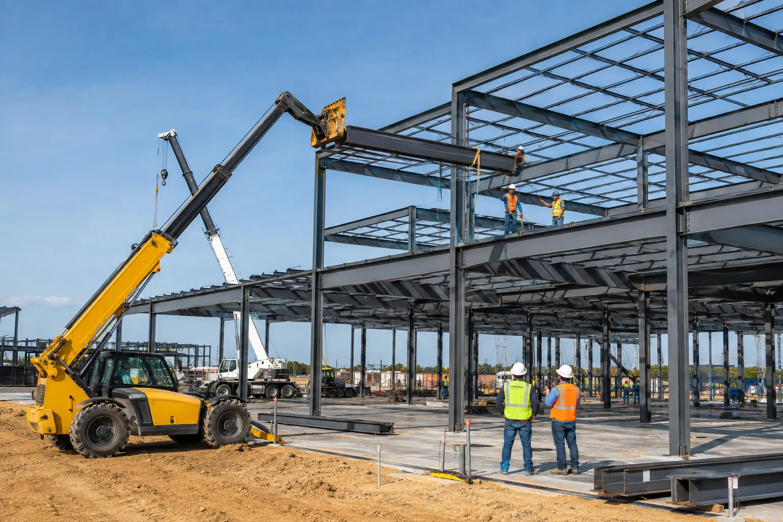 Steel-frame commercial building under construction with heavy lifting equipment