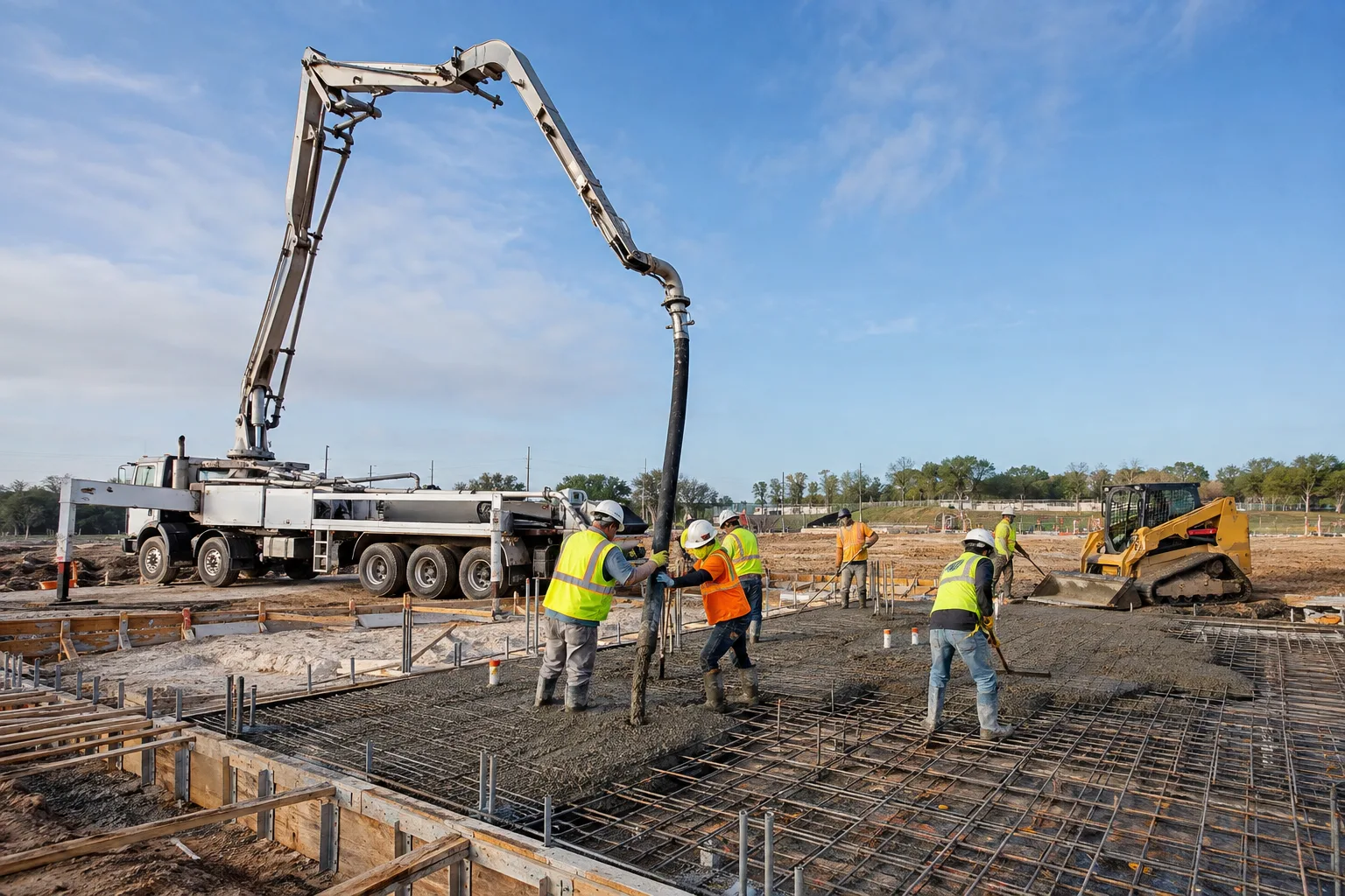 Crew placing concrete for a reinforced commercial foundation
