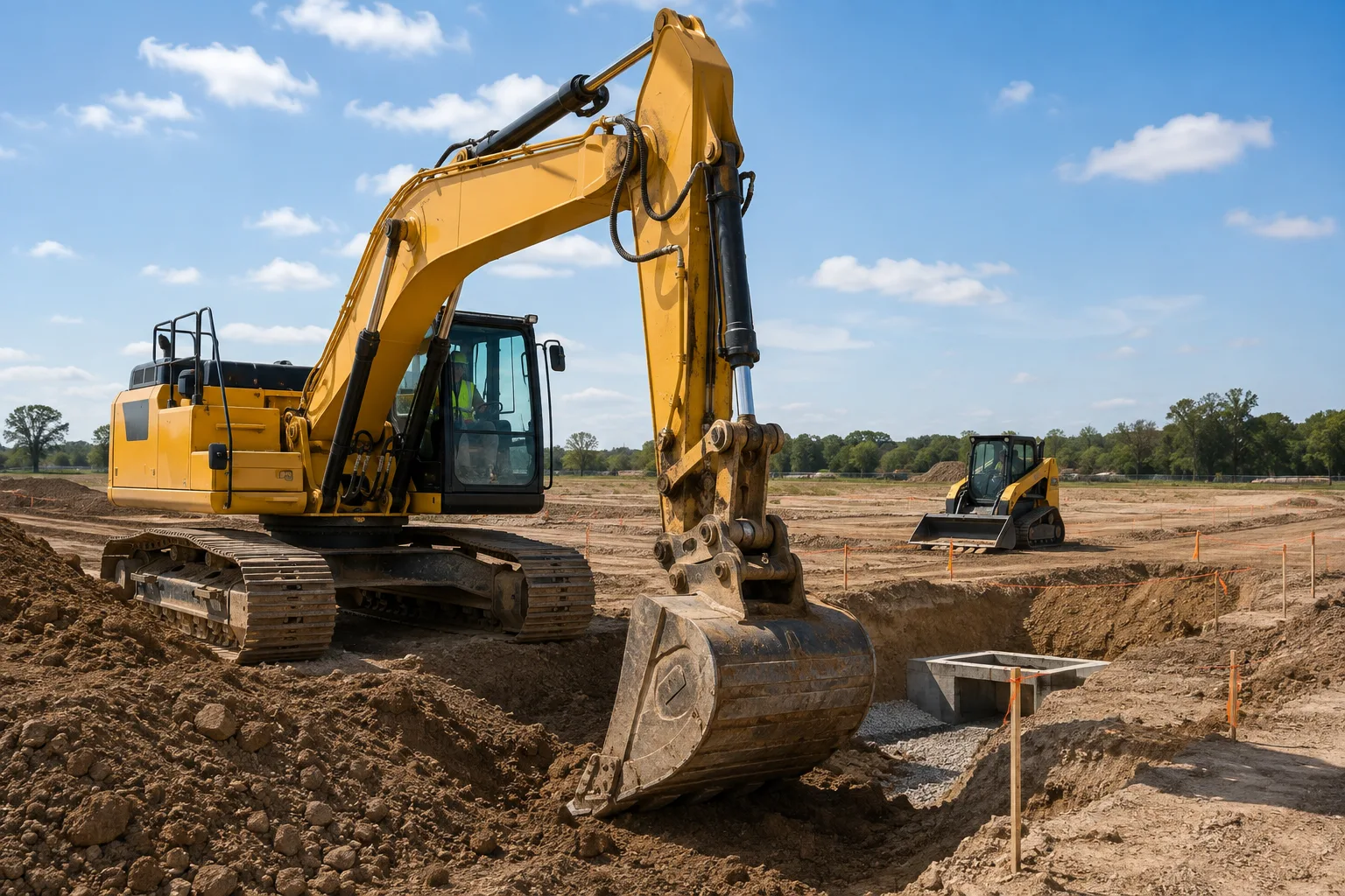 Tracked excavator performing precise excavation work