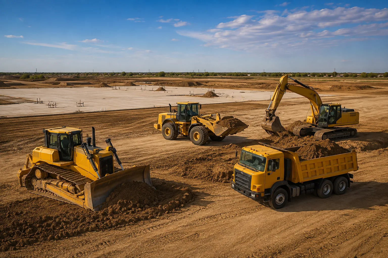 Excavator, bulldozer, loader, and dump truck working together on a large development site