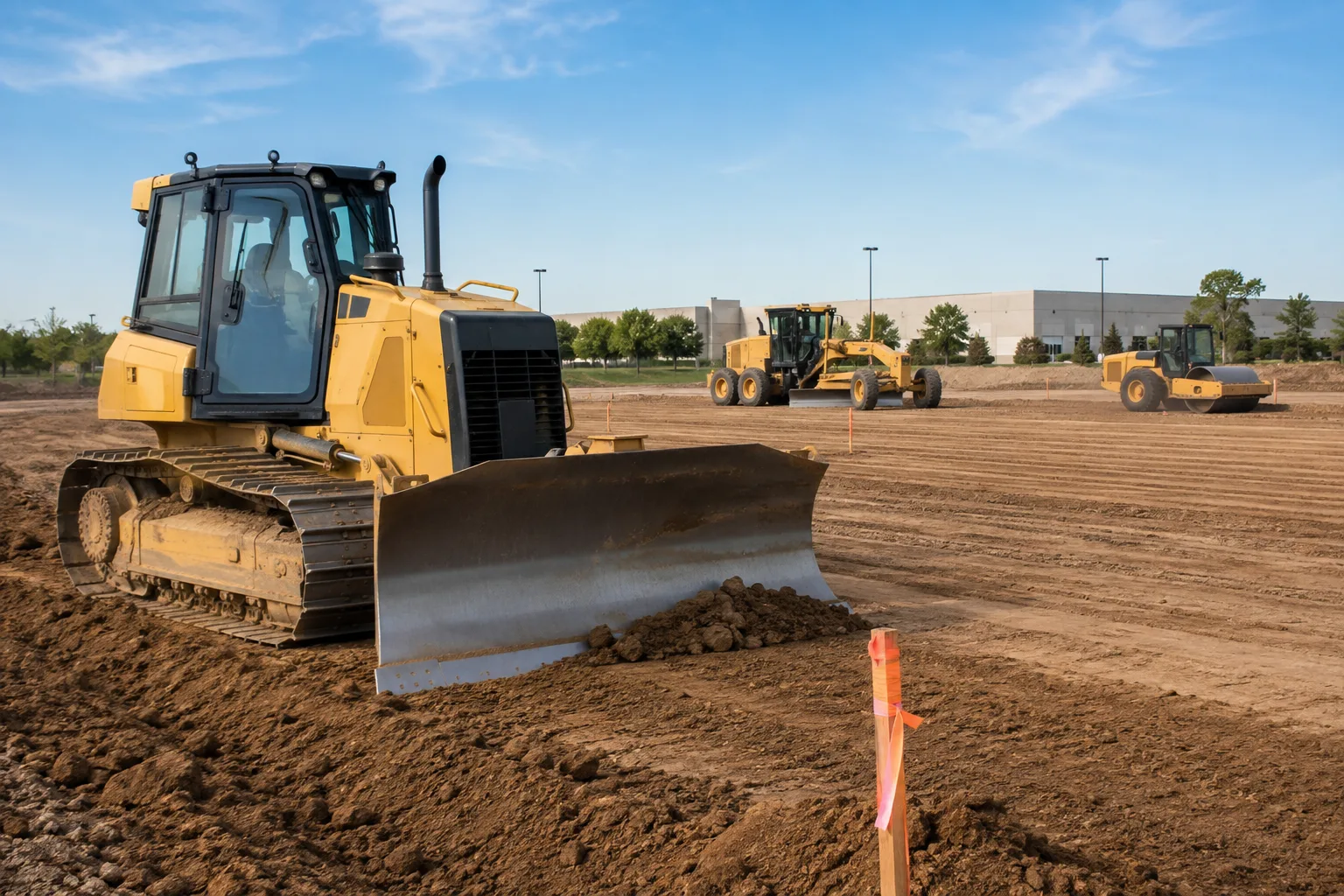 Bulldozer, grader, and compactor preparing a commercial building pad